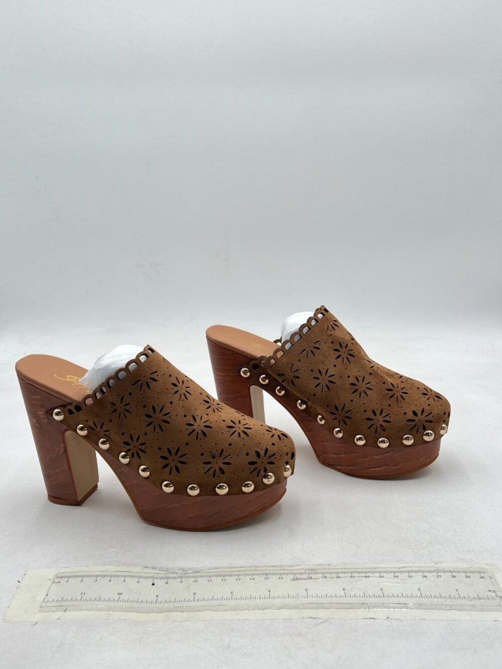 FOWT Tan Studded Round Toe Floral Cut Out Platform Mules Chunky Heel Sandals - Picture 4 of 8